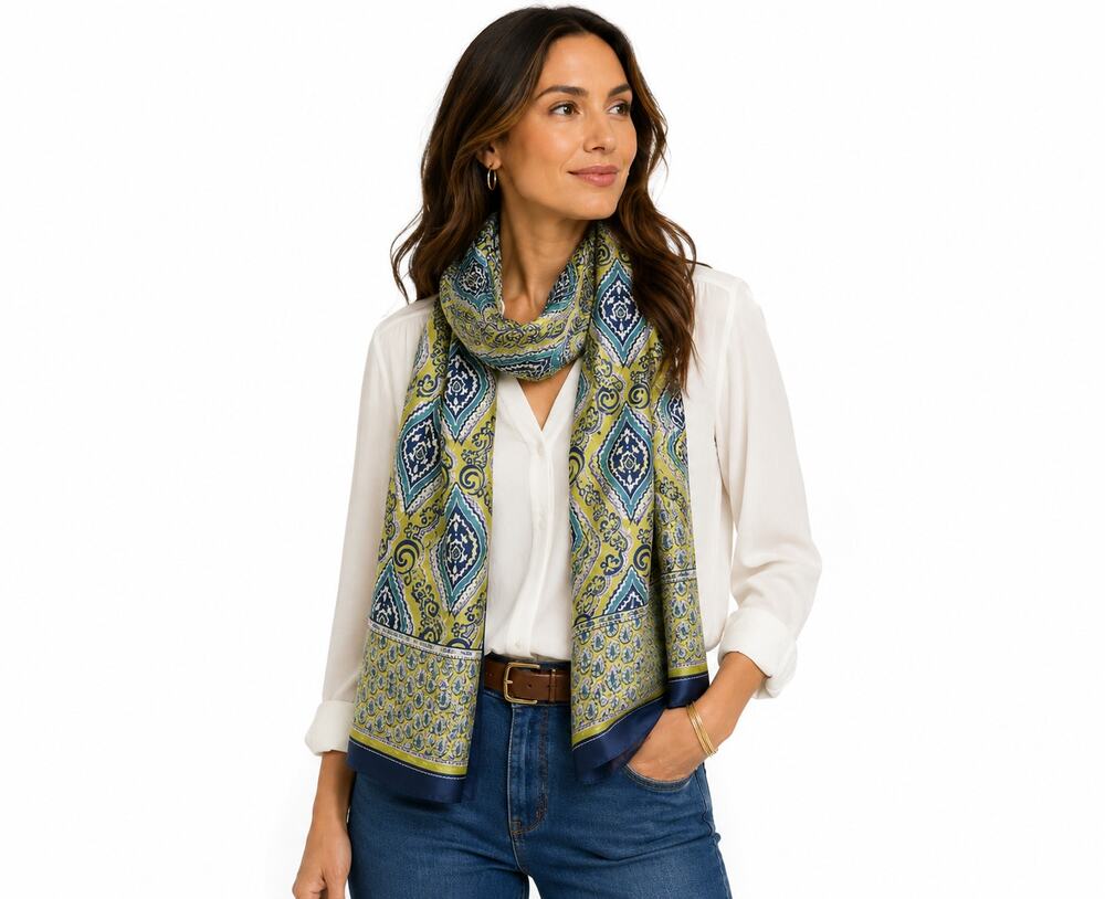 Rockflowerpaper 100% Silk Scarf 27x72 Green Navy Teal Paisley Boho Made India